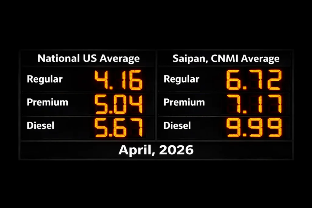 Gas prices in Saipan, CNMI compared to the U.S. national average, April 2026. U.S. data courtesy of AAA — gasprices.aaa.com.