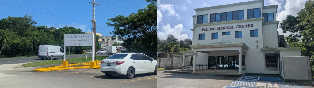 Pacific Medical Center urgent care and medical clinic sign and building exterior in Saipan, CNMI.